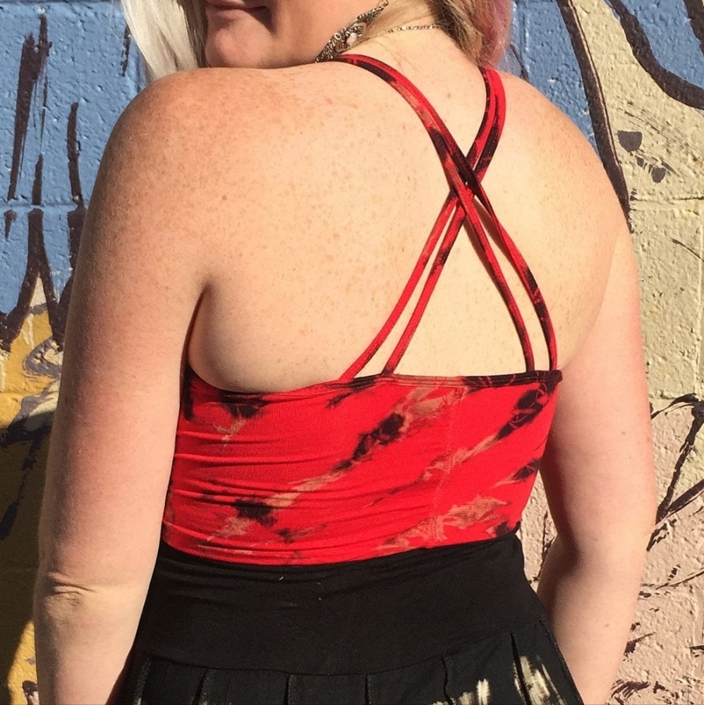 New Tie Dye Crescent Cutout Strappy Red & Black Halter Bralette OS